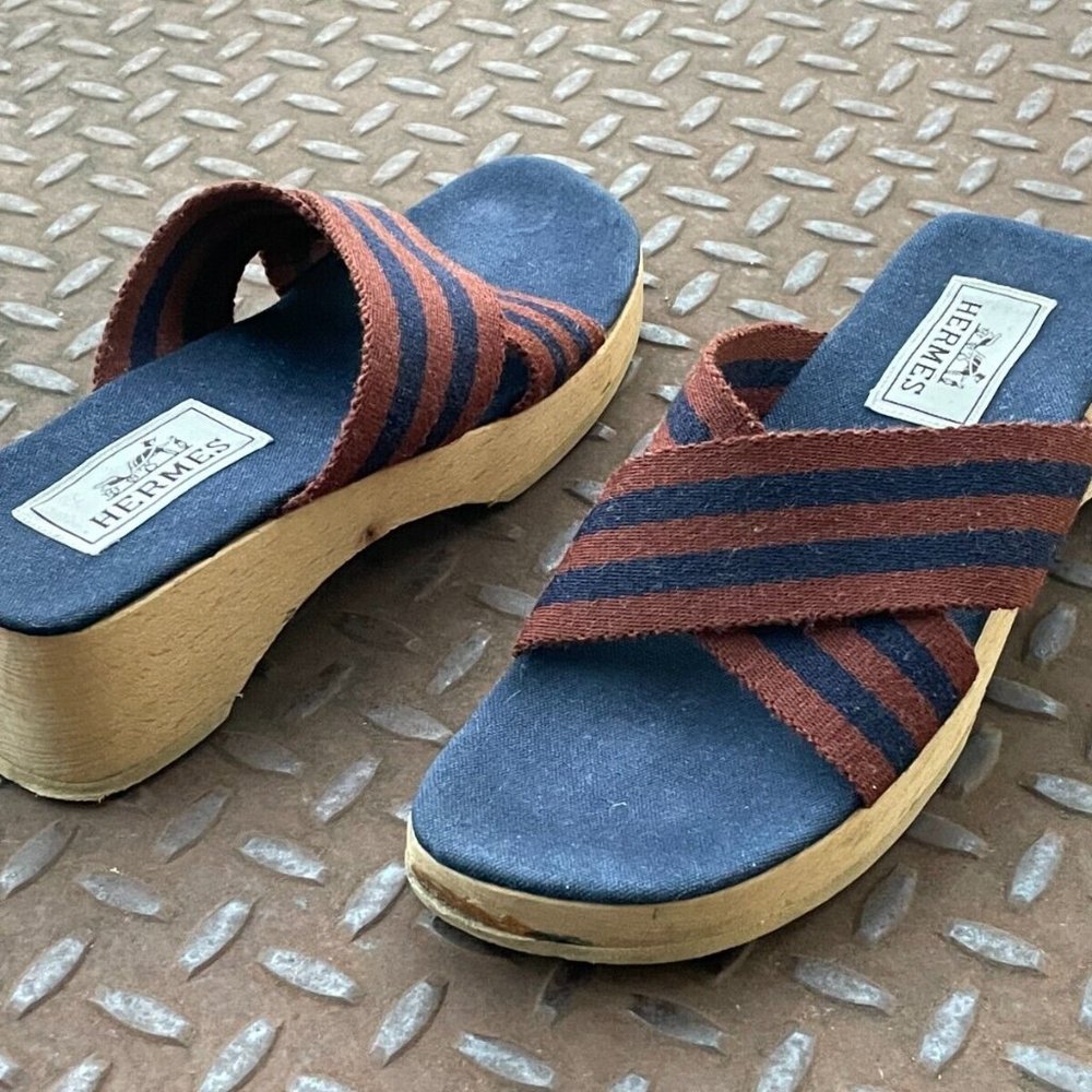 Hermes Women Sandals Canvas Navy Tan Ribbon Strap Wooden Heel Shoes Size 36/5 - Picture 3 of 12